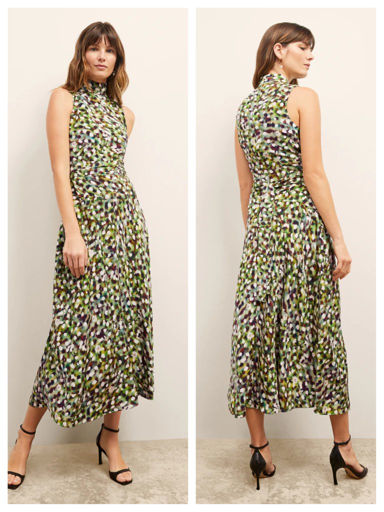 Mm Lafleur Martina Mockneck Dress Printed Washable Silk Xl Spotlight Green/Cream